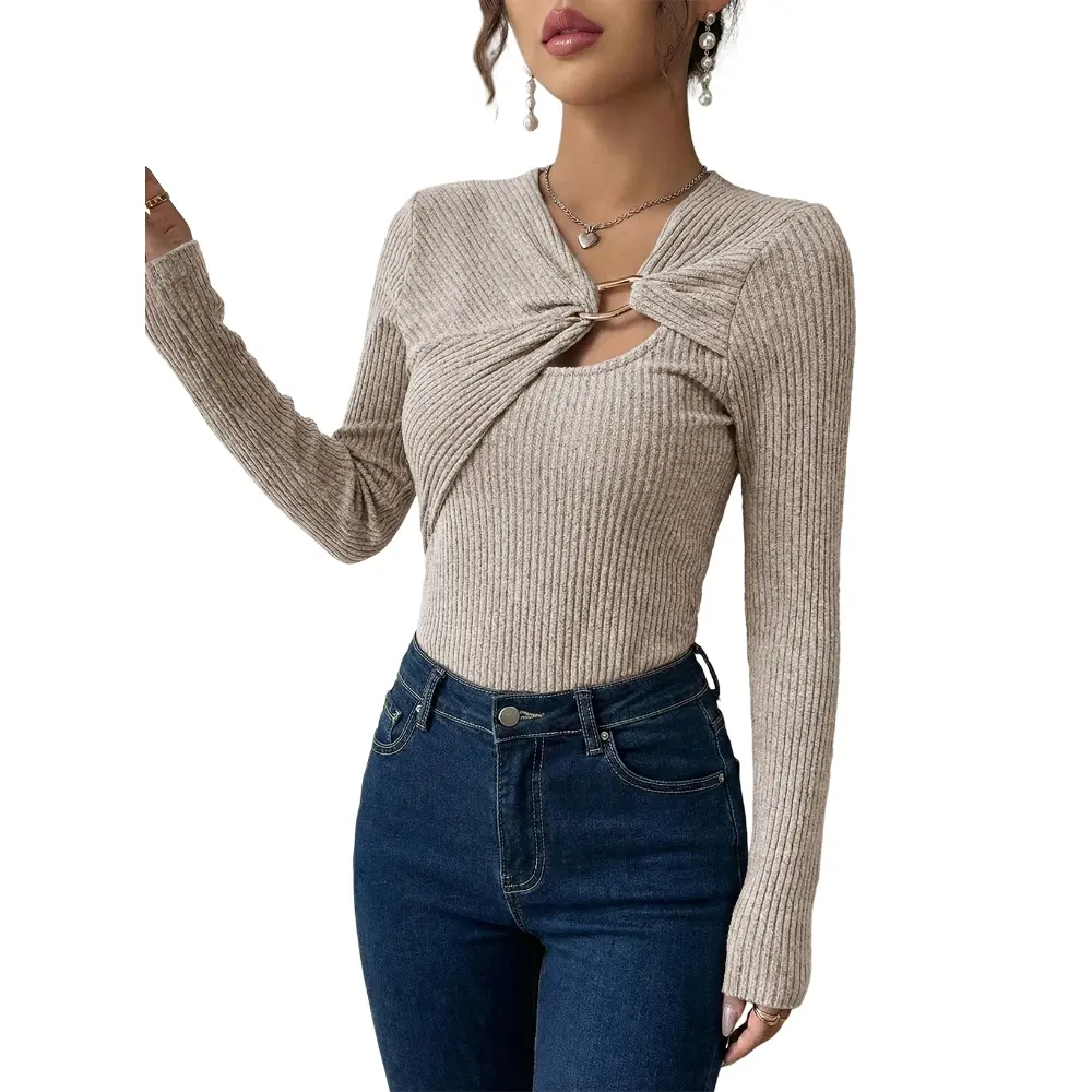 Dokotoo Soft Asymmetric Drape Hollow Metal Buckle Decor Long Sleeve Asymmetrical Neck T-Shirt Top Casual Oversized