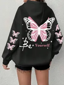 Women's Butterfly Letter Print Hoodie, Casual Loose-Fit Pocket Sweatshirt, Soft Fabric for All Seasons, Fashion Outdoor Wear