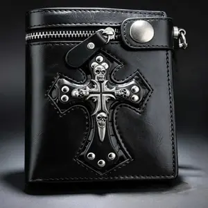 Punk Skulls Cross Money Men's Black Leather Zipper Wallet With A Chain Cool