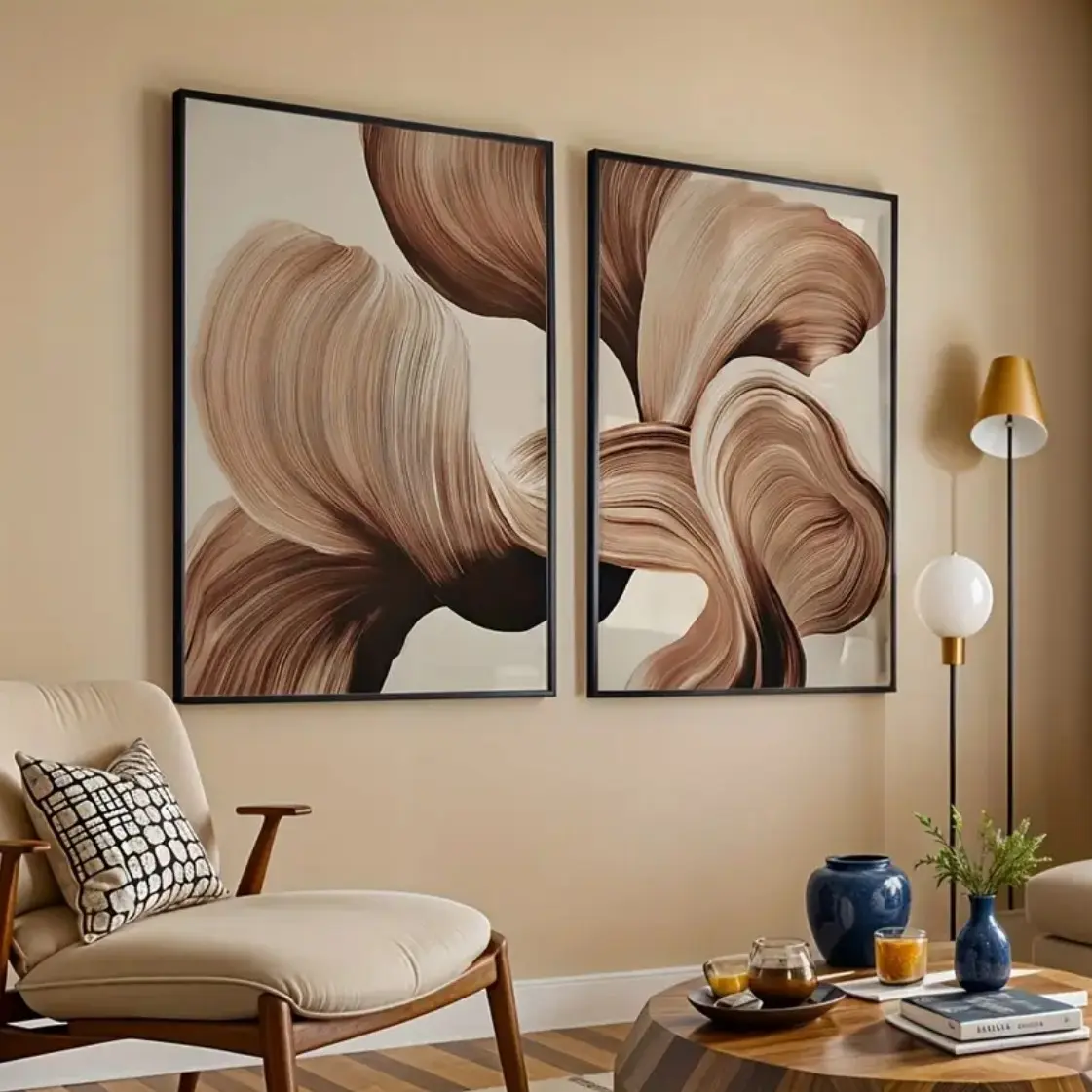 2pcs Brown Abstract Line Art Prints, Minimalist Murals, Modern Home Art, Bohemian Gallery Decoration, Neutral Decorative Posters, Artwork For Walls, Wall Decoration, Room Decoration, with Or Without Frames