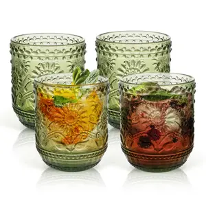 Glass Cups, Vintage Glassware Drinking Glass Set of 4, 12oz Colored Glassware with Sunflower Design, Embossed Floral Decorative Glasses Drinking Set for Beverage, Vintage Drinking Glasses (Green)