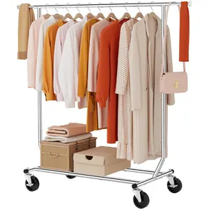 Clothing Rack Heavy Duty Clothes Racks Foldable Garment Rack with Wheels and Extendable Rod, Collapsible Clothing Rack Max Capacity 250lbs, Industrial Rolling Racks with Bottom Shelf, Chrome