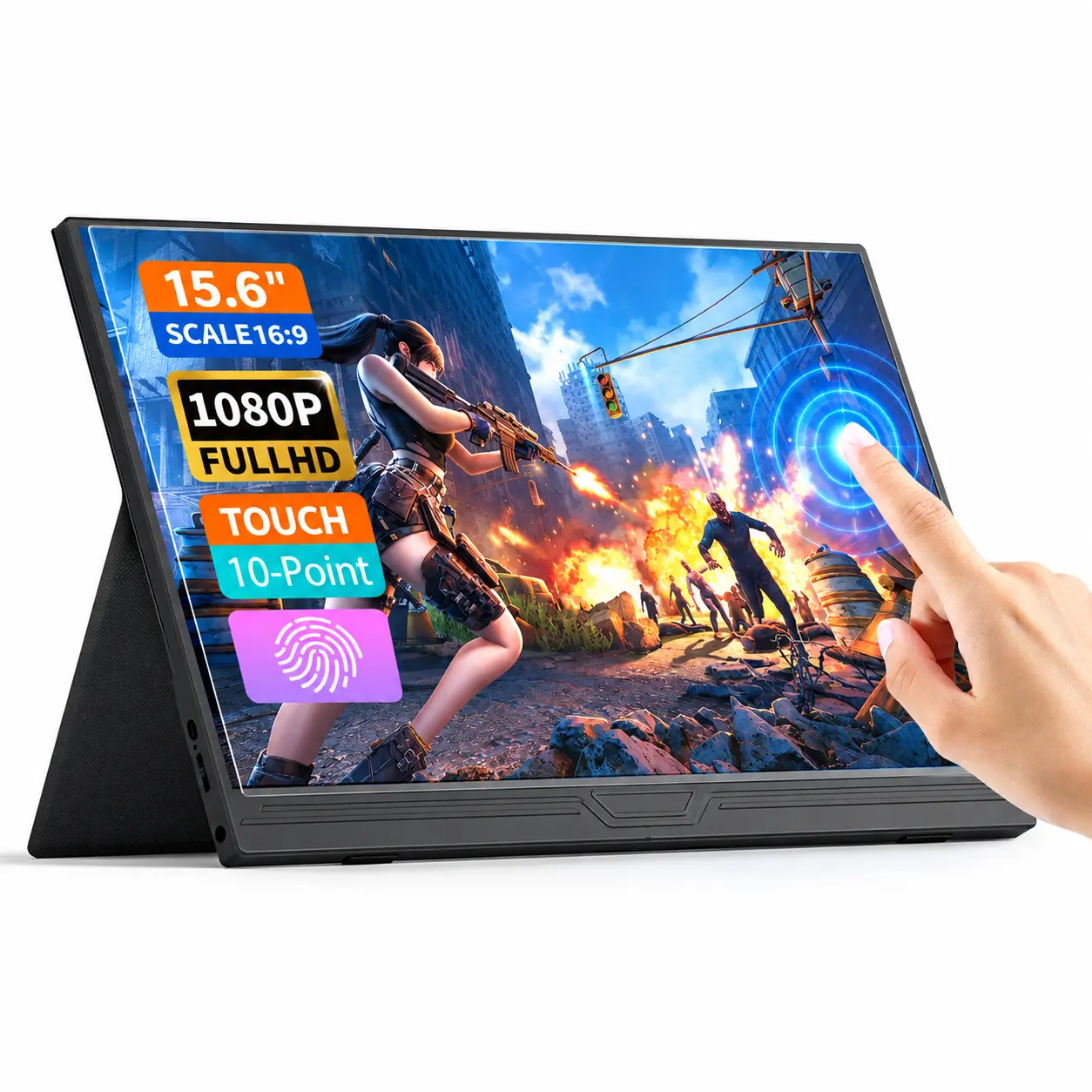 15.6" FHD 1080P IPS Touchscreen Portable Monitor, 10-Point Touch, HDMI & USB-C External Display for Laptop, Gaming Consoles, Monitors