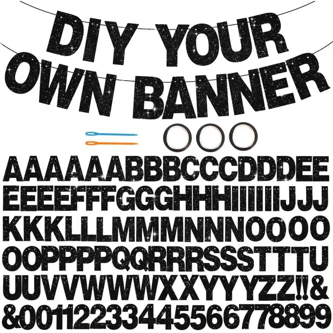 BEISHIDA 116 PCS A-Z DIY Letter Banner Kit Make Your Own Banner Including 111 Letters and Numbers 3 Rope and 2 Threading Device,Customized for Birthday Graduation Wedding Decor Black