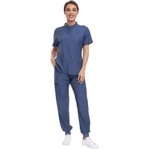 NINSAM Agile Motion Scrubs for Women Set, Stylish Mandarin Collar Top & Jogger Pants, 8 Pockets Stretch Medical Uniform