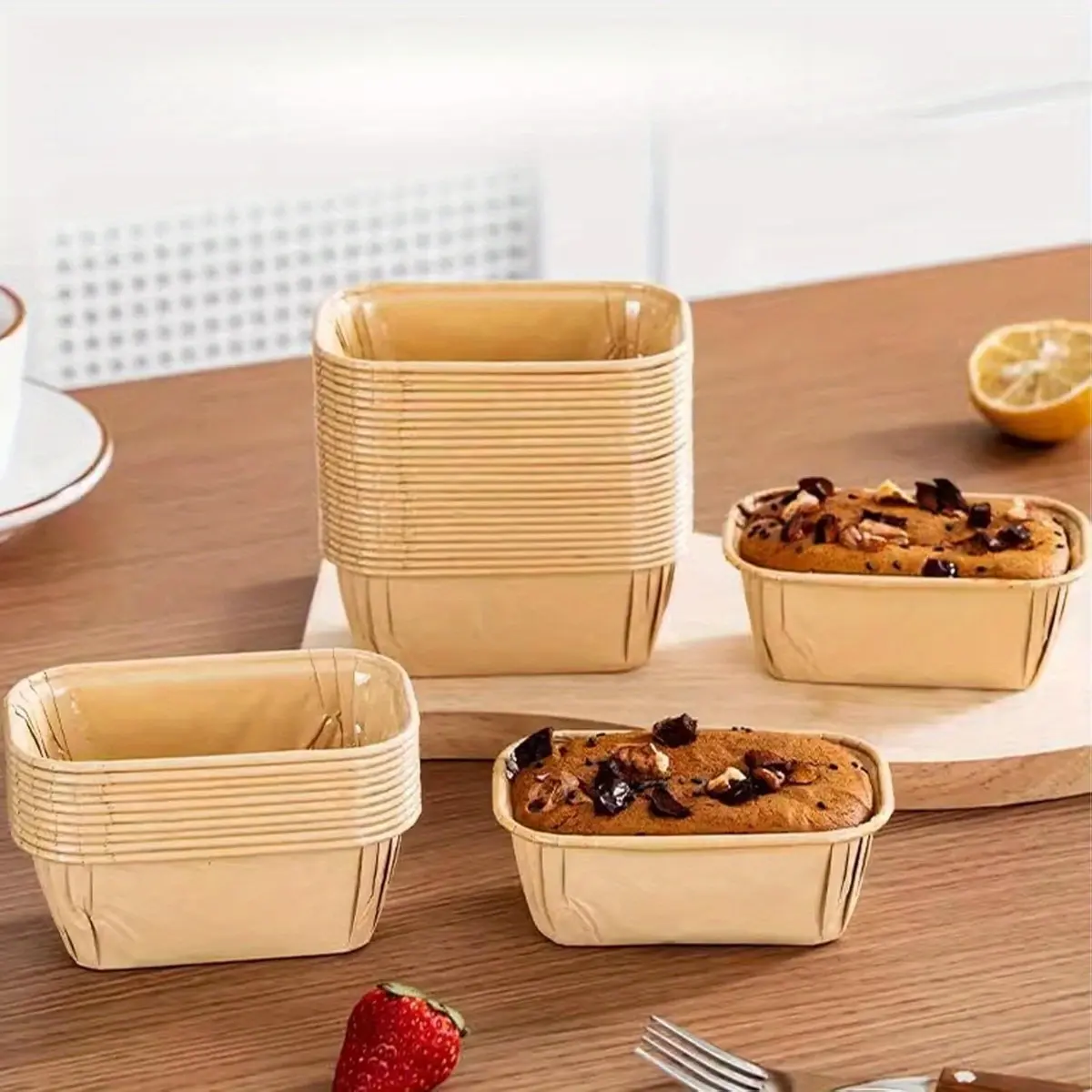 50pcs Greaseproof Cardboard Baking Cups, Rectangle Mini Loaf Cake & Muffin Cases, Ribbed Sides, Stackable Design, Bakery-Grade, Food-Safe