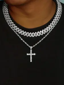 Rhinestone Decorated Cuban Chain Necklace with Cross Pendant, Fashion Jewelry for Party, Daily Clothing Decor, Trendy All-match & Exquisite Jewelry for Birthday Gift, Iced Out Cross
