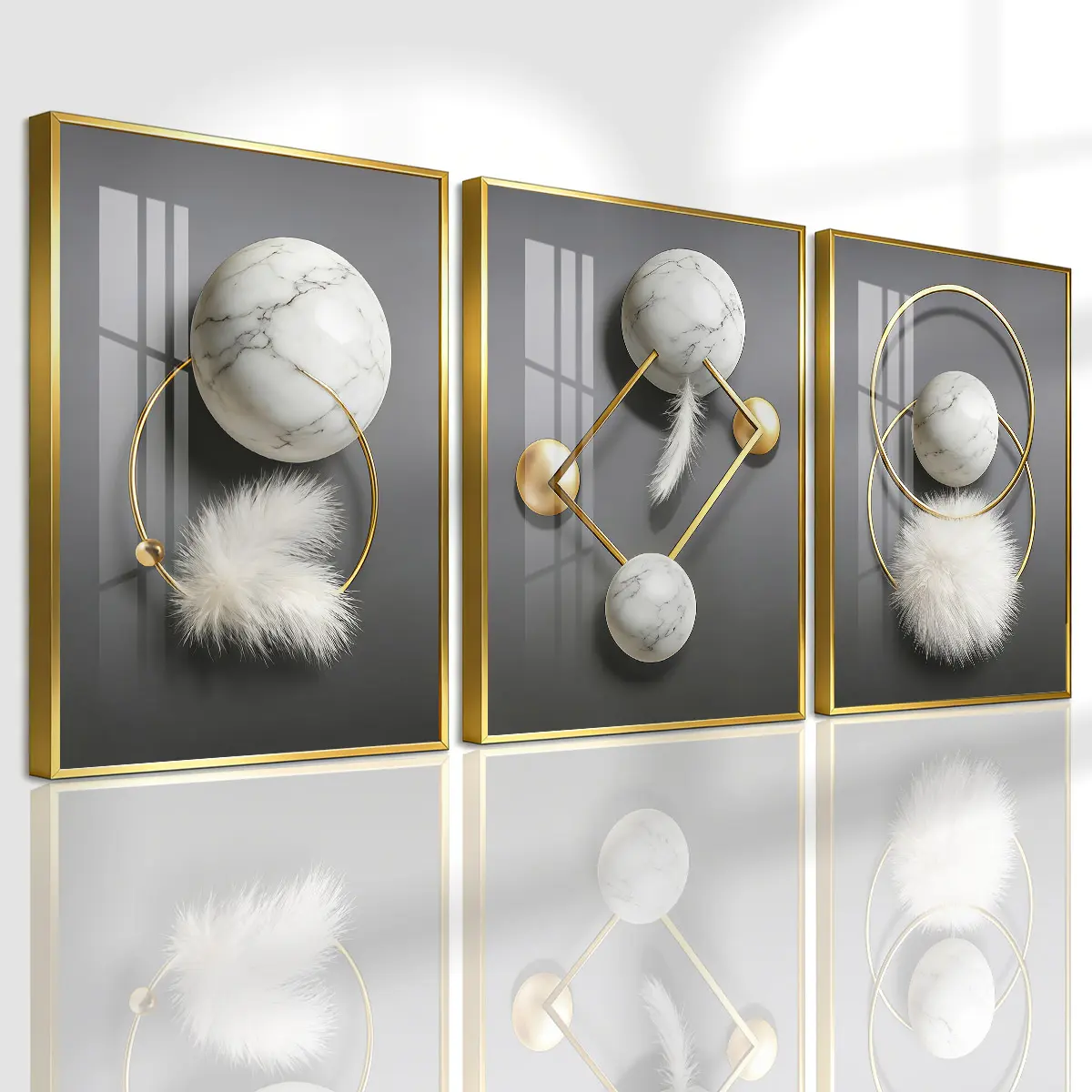 3 Count Aluminum Alloy Frame Canvas, Fashion Poster Art Print Creative Design Print Marble Ball Geometric Art, Modern Living Room Decoration, Light Luxury Family Art, Suitable For Bedroom, Corridor And Office Wall Decor, Gift