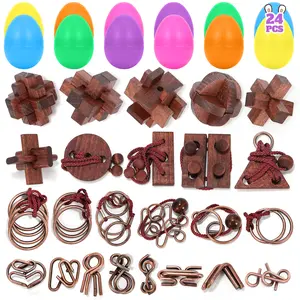 Easter Egg Fillers with Brain Teaser Puzzle Toys for Kids Teens Wooden Metal Puzzle Toys for Egg Hunt Easter Basket Stuffers Classroom Gifts 24 Pack Unique Wooden & Metal Puzzles for Problem Solving Skills