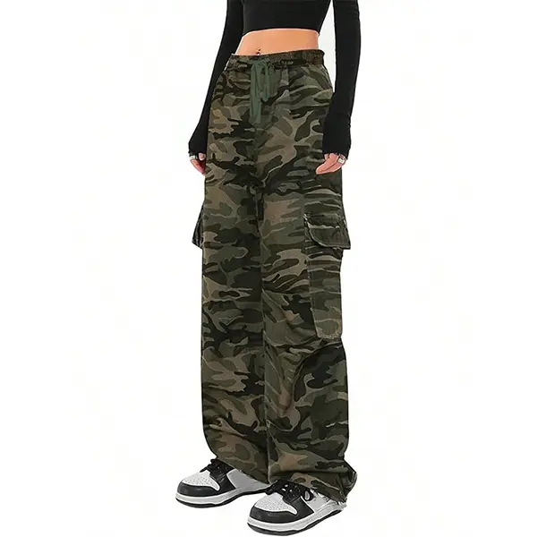 Women's High Waisted Camouflage Cargo Pants - Casual American Style Clothes, Comfortable Relaxed-Oversized Wide Leg Crop Bottoms with Utility Pockets, Customizable Polyester Print Streetwear