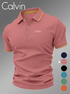Lb5030 Classic Calvin Logo Print Men's Polo Shirt, Fitted Geometric Pattern, Casual Style, Breathable and Comfortable, All-Season Wear