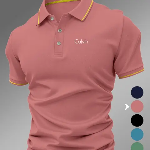 Lb5030 Classic Calvin Logo Print Men's Polo Shirt, Short Sleeve Polo, Menswear, Top, Fitted Geometric Pattern, Casual Style, Breathable and Comfortable, All-Season Wear