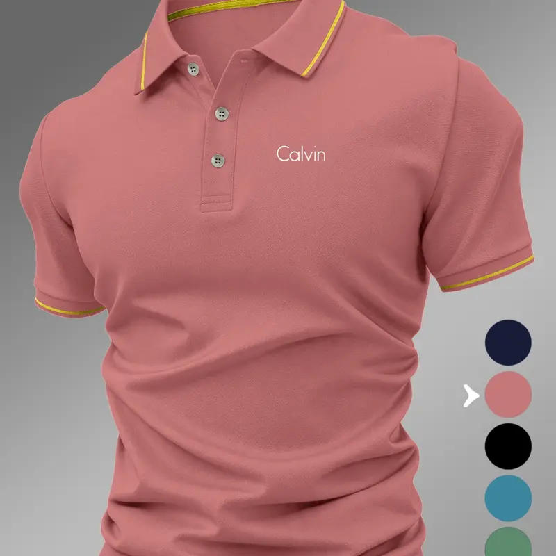 Lb5030 Classic Calvin Logo Print Men's Polo Shirt, Short Sleeve Polo, Menswear, Top, Fitted Geometric Pattern, Casual Style, Breathable and Comfortable, All-Season Wear