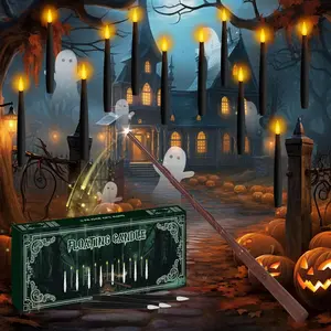 Floating Candles with Wand Remote Timer - Magic LED Hanging Flameless Taper Candles Flickering  Operated for Halloween Birthday Theme Party Holiday Home Window Decor - Black 12 Pack