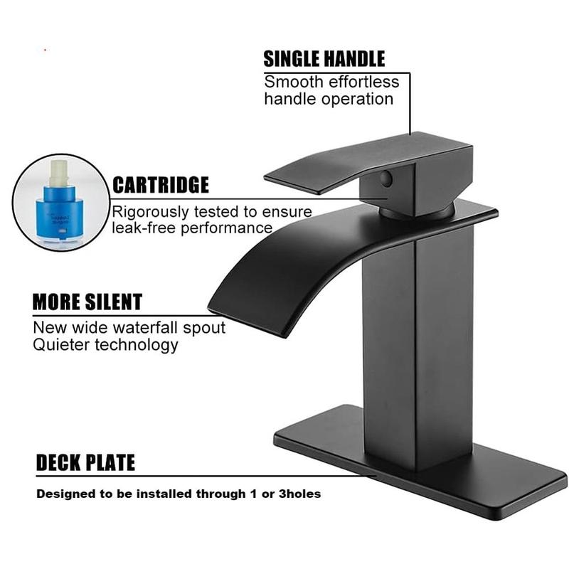 Bathroom Faucet Matte Black Modern Waterfall Bathroom Sink Faucet with Single Handle Suitable for 1 or 3 Holes,Supply Deck Plate and Hose
