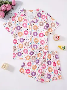 Donut Cartoon Pajama Set Kids, Adorable Sweet Print Sleepwear, Short Sleeve Top and Shorts, Lightweight Comfortable Home Outfit Gift