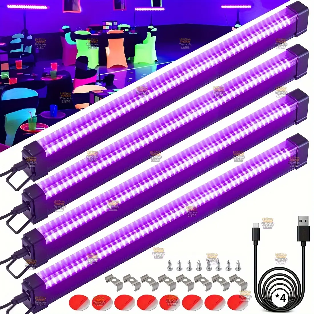 OYCIJE 4Pack 50LEDs 42CM/15.6inch UV Black Light Bar, 50 LEDs Blacklight Flood Light with USB Plug and Switch, Black Lights Glow in The Dark Party Supplies for Halloween, Bedroom, Birthday, Stage Lighting
