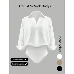Women's casual loose V-neck long-sleeved shirt jumpsuit, elegant woven fabric, slim fit, suitable for all seasons, and can be layered flexibly, Bodysuit