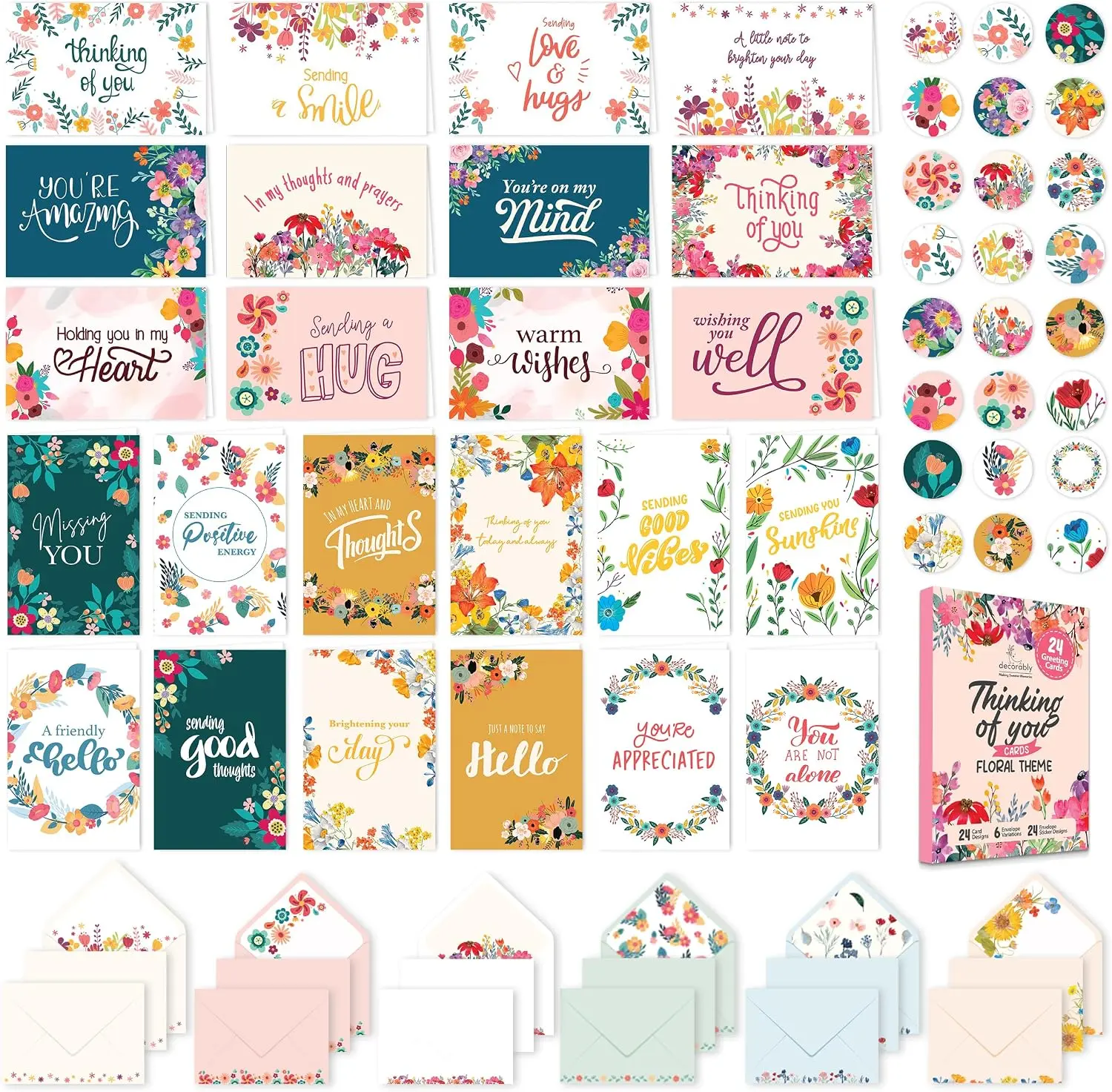 24 Pack 6x4in Floral Thinking of You Cards with Envelopes | Stickers, 24 Unique Floral Designs for Friends & Family, Printed Message Inside - Encouragement, Thoughtful Gifting, Mailing