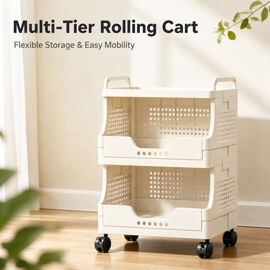 Multi-Tier Plastic ABS Rolling Storage Cart, 1-3 Tier Mobile Organizer Trolley with Wheels, Ventilated Space-Saving Utility Shelf for Room Storage, Bathroom, Kitchen