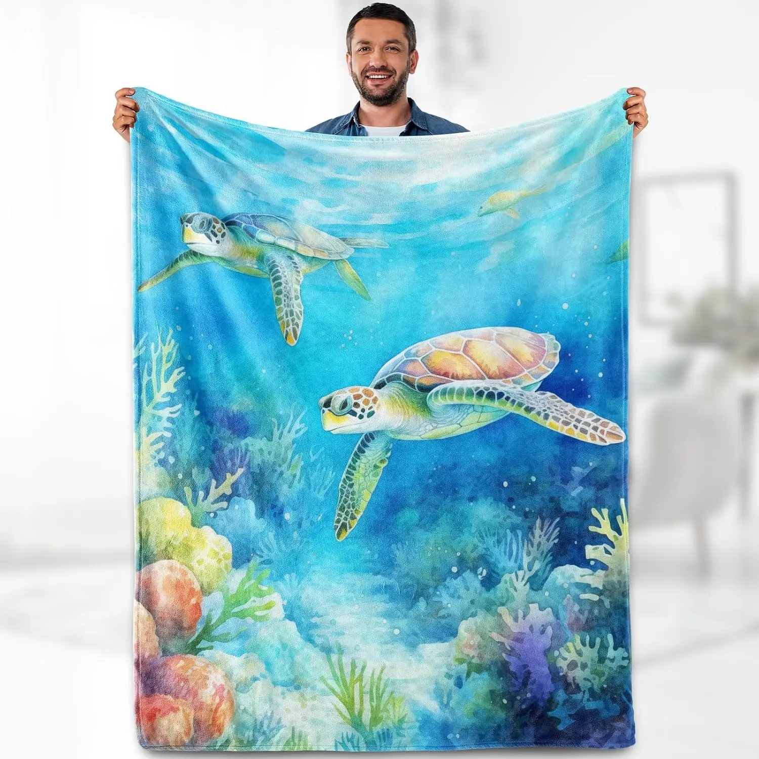 Sea Turtle Themed Blanket—A nautical-style throw suitable for all ages, perfect for decorating the bedroom or living room. Lightweight yet warm, it makes an ideal gift for birthdays or Christmas.