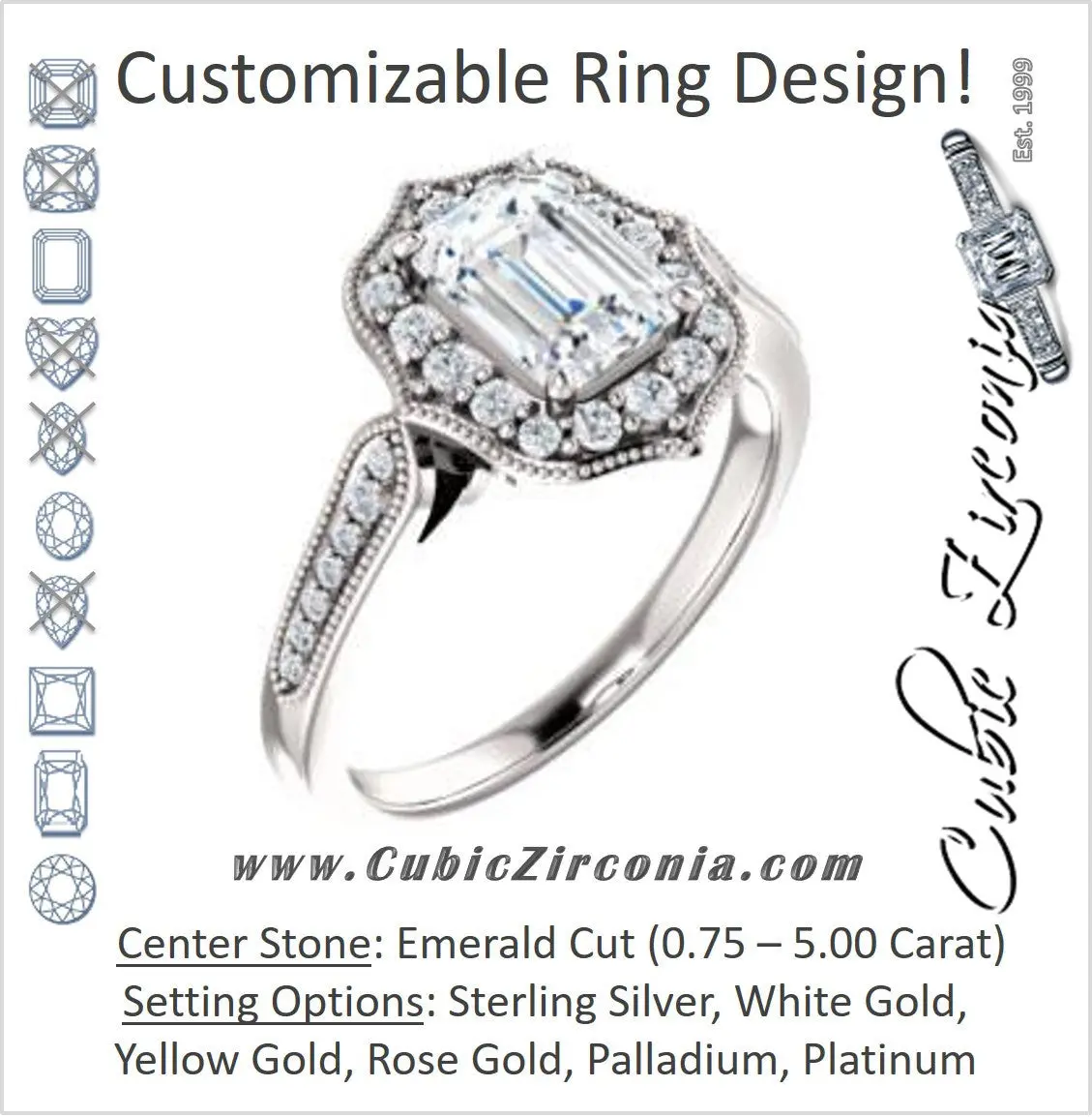Cubic Zirconia Engagement Ring- The Faida (Customizable Cathedral-set Emerald Cut Design with Halo and Milgrained Pavé Band)