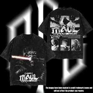 Darth Maul Dark Side Warrior Edition Oversize Lightweight Acid Washed Cotton T-Shirt, Double-Printed Vintage Graphic Tee, Classic Round Neck Soft Apparel for Men's Streetwear & Sci-Fi Fans