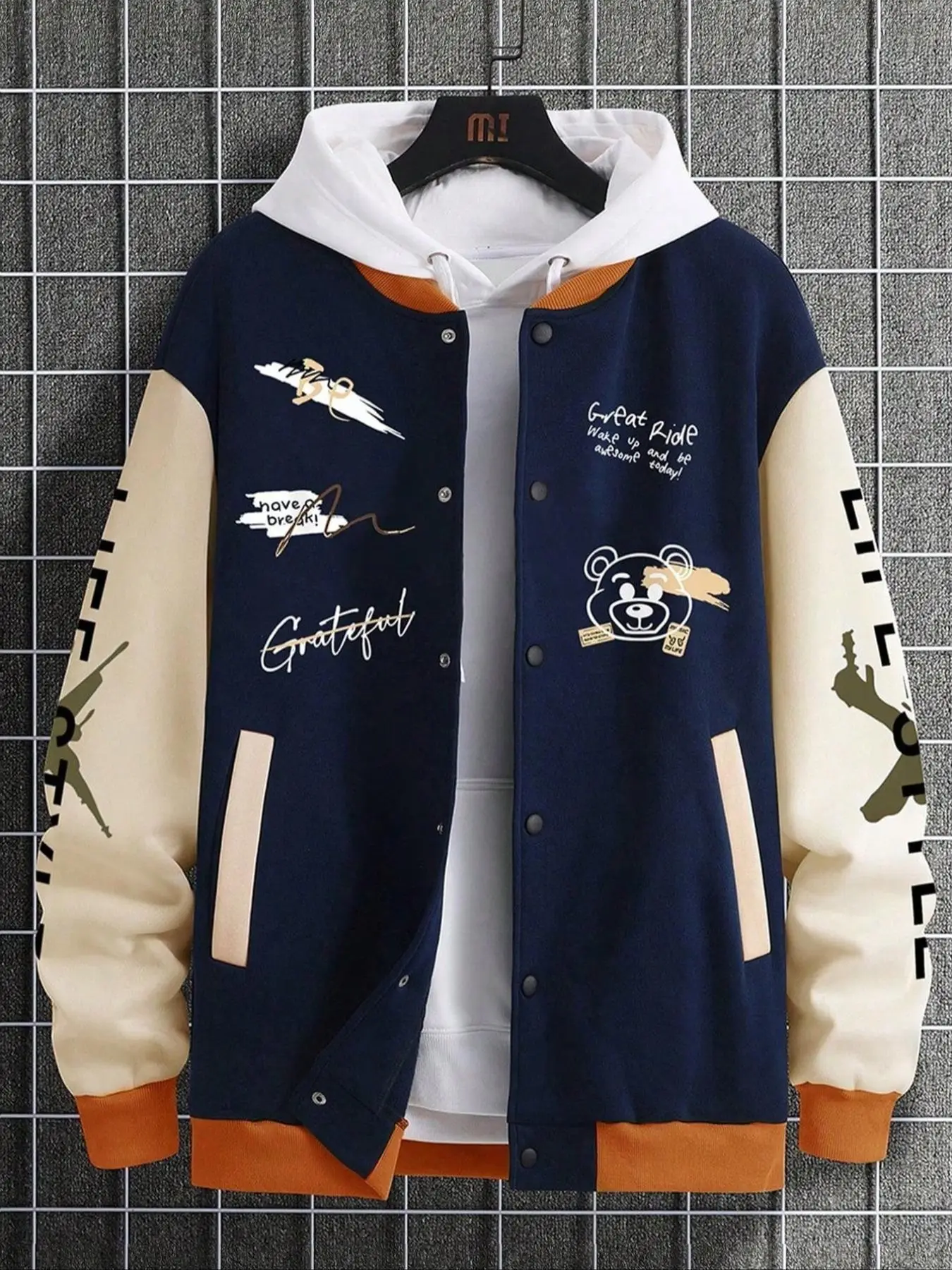 Men's Cartoon Bear & Letter Print Drop Shoulder Varsity Jacket without Inner Top, Loose Casual Preppy Style Long Sleeve Pocket Button Front Outerwear