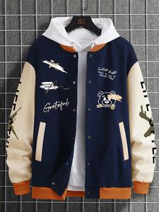 men's cartoon bear & letter print graphic drop shoulder varsity jacket without inner top, loose casual preppy style long sleeve pocket button front outerwear for daily wear, men's clothes for all seasons varsity hoodie
