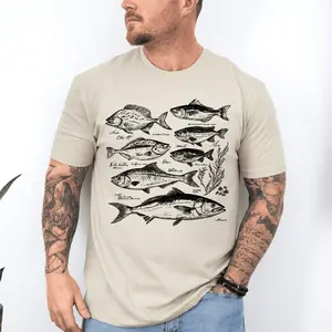 RodyThread Vintage Fish Identification Chart Graphic T-Shirt Men's Retro Outdoors Fishing Aesthetic Heather Grey Soft Cotton Blend Vintage Fish Retro Print Classic Fishing Soft Style T-Shirt Soft Style Tee Men's Graphic T-Shirt summervibes
