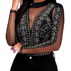 Women's Viral Sheer Mesh Turtleneck Neck See Through Leotard Bodysuit Body Top，Elegant Rhinestone Mesh Bodysuit，Silver Studded Sheer Long Sleeve Top，Staple，party.