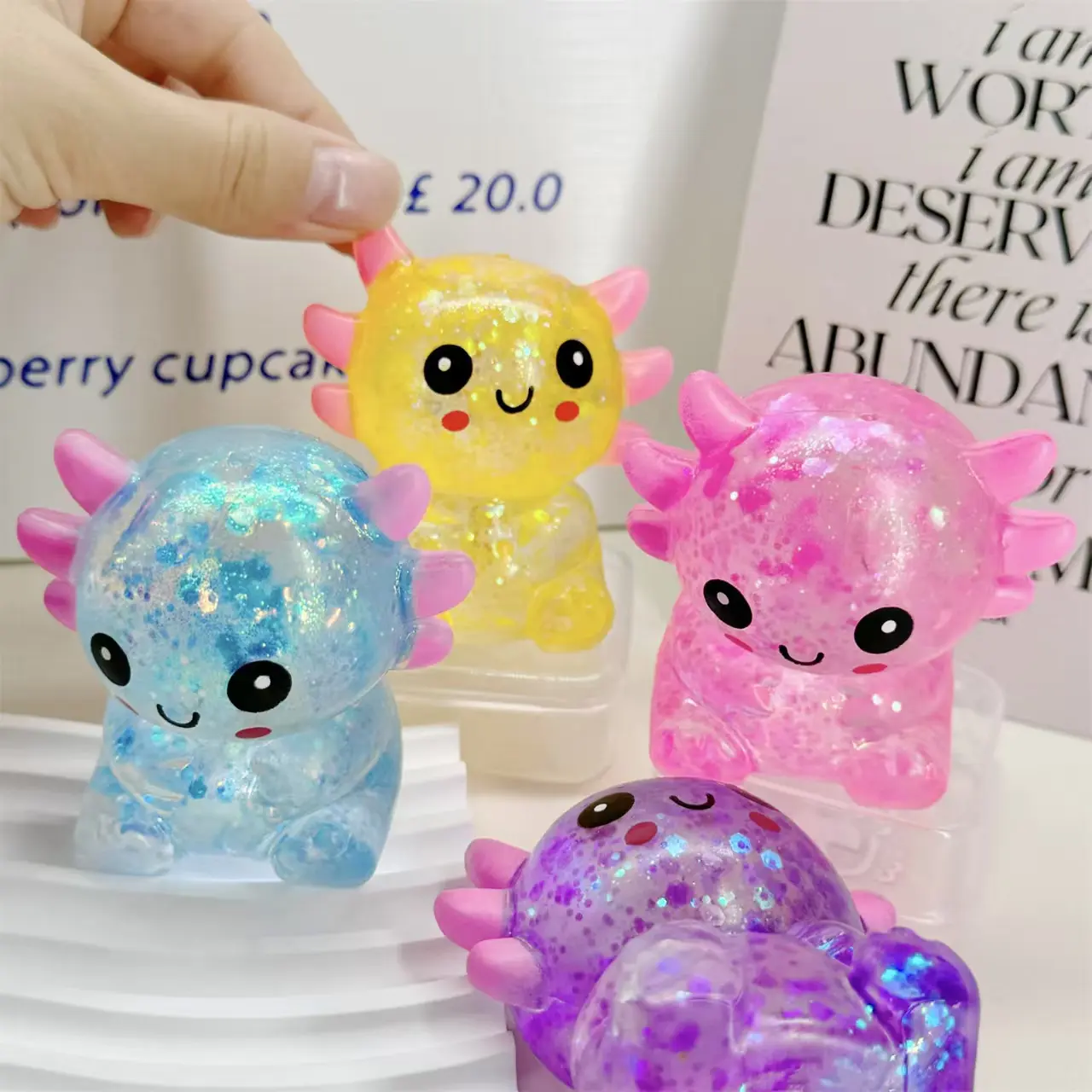 Glitter Transparent Axolotl Squishy Toy Set, Cute Kawaii Salamander Squeeze Fidget Toys in Assorted Poses, Soft TPR Sensory Stress Relief Toy, Random Color, Kids’ Birthday Gift, Classroom Reward & Desktop Decor