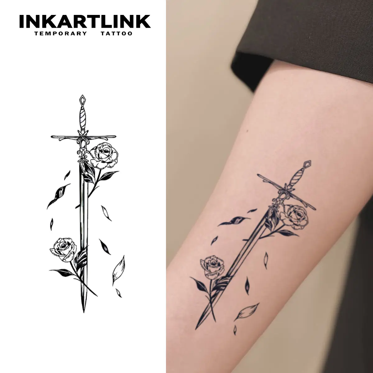 INKARTLINK Tattoo Tech Pre-Packaged Realistic Temporary Tattoos, 2 Sheets Flower Sword Adult Art Design, Waterproof, No Adhesive, No Reflection, Lasts 1-2 Weeks, Ideal for Swimming, Party, For Men & Women, Pre-Packaged Temporary Tattoos