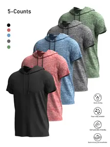 5-Pack Men's Hooded Sports T-Shirts, Fitness Hoodie, Breathable Quick-Dry Active Tops, Athletic Sports Clothing for Gym Running Cycling Fishing, Summer Workout Apparel
