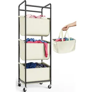 Vertical Laundry Sorter 3 Section with Removable Bag, Laundry Hamper with Wheels, 120 L Rolling Laundry Baskets organizer for, Apartment, Dorm Room, Beige