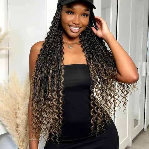 Bohemian Fashion Braided Baseball Cap Wig, Long Curly Synthetic Hair, Bohemian Weaved Wig with Hat, Daily Work New Favorite, Synthetic Curly Wigs, Synthetic Material Wigs, Curled Synthetic Wig