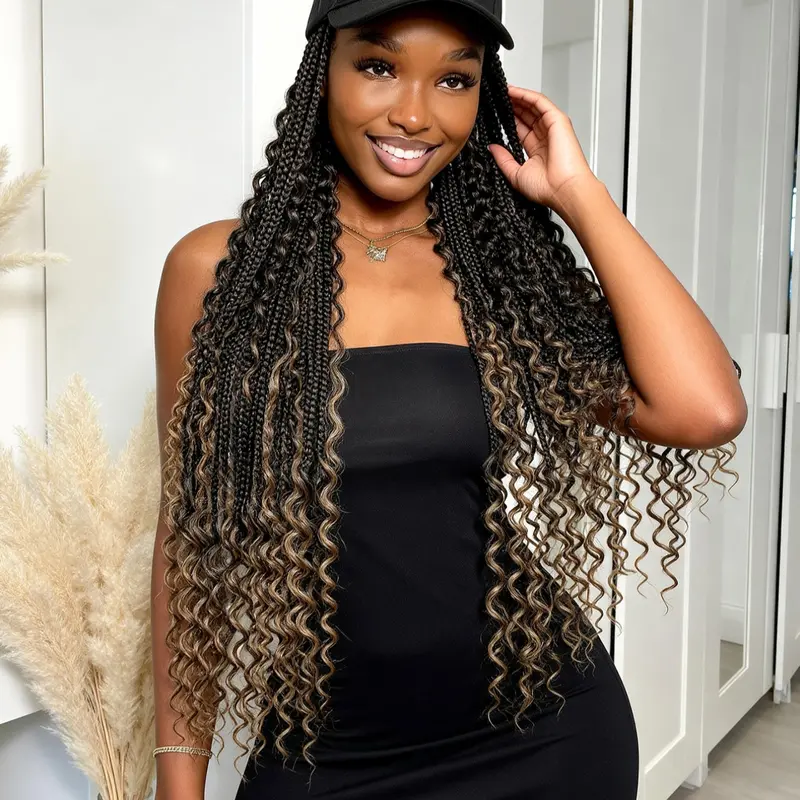 Bohemian Fashion Braided Baseball Cap Wig, Long Curly Synthetic Hair, Bohemian Weaved Wig with Hat, Daily Work New Favorite, Synthetic Curly Wigs, Synthetic Material Wigs, Curled Synthetic Wig