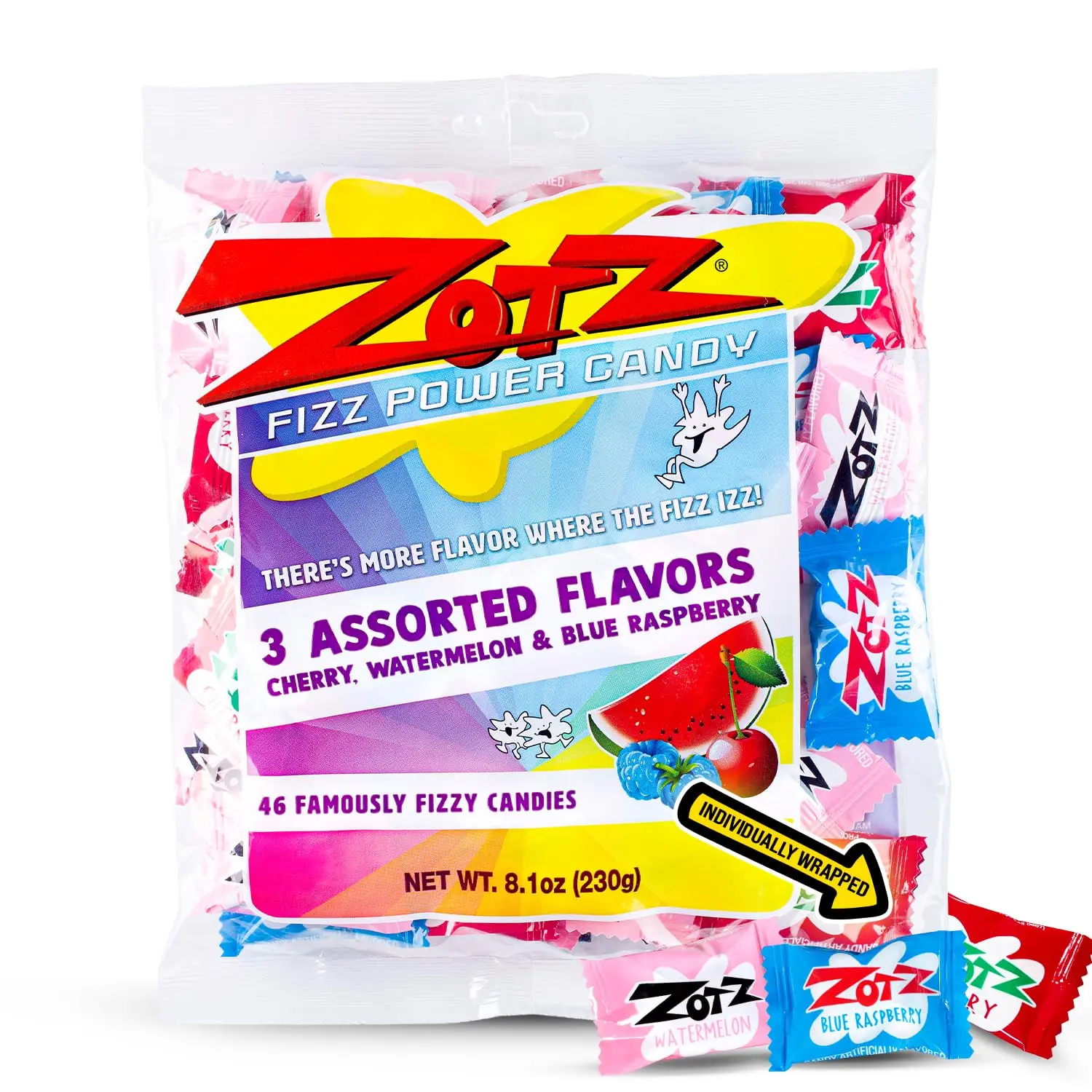 Fizzy Sour Candy Bulk - Retro Italian Hard Candy Individually Wrapped - Classic Nostalgic 3 Assorted Flavors Cherry, Watermelon & Blue Raspberry, 46 pieces Bag for Party Favors, Goodie Bags, Piñata & Candy Buffet Snack Sweet
