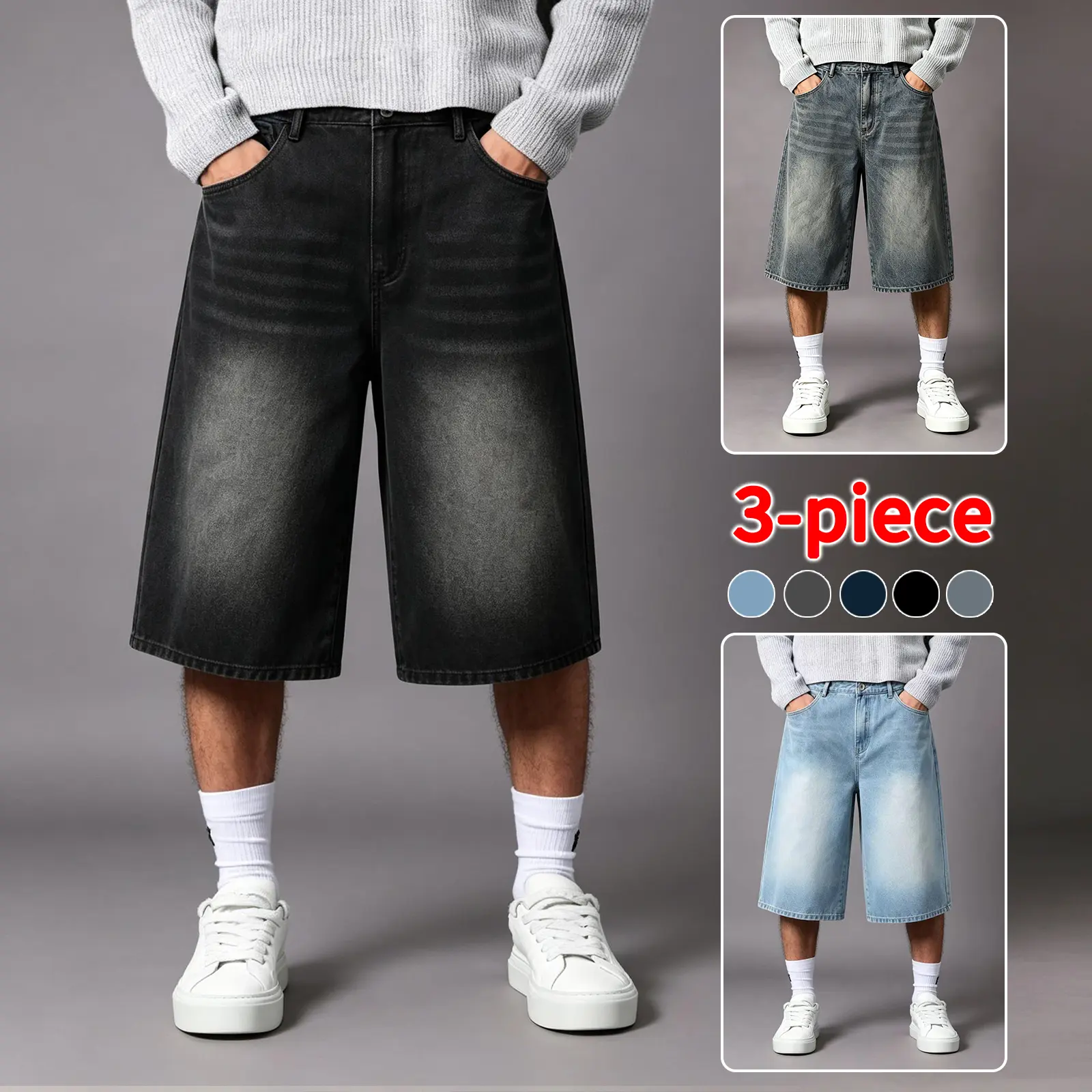 3-piece men’s loose retro black/gray washed high-waisted cotton denim shorts, relaxed fit, wide legs, knee length, button closure, simple stitching, soft, breathable fabric, suitable for summer casual gatherings and city skateboarding.