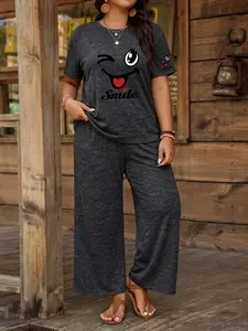 Plus Size Casual Two-Piece Set, Graphic Printed Tie-Dye Short Sleeve T-Shirt and Wide-Leg Pants, Suitable for Daily Casual Outings.