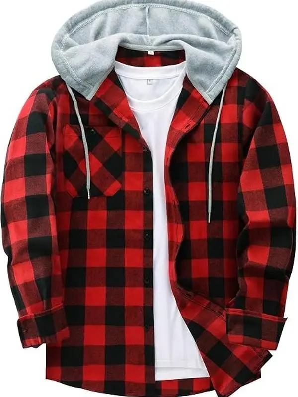 ZITY Men's Flannel Hoodie Shirts Casual Button Down Long Sleeve Plaid Shirt Big Tall, with Pocket, Adjustable Cuffs, Machine Wash, Business,Work, Office, Vacation, Graduation, Wedding, Party, Daily