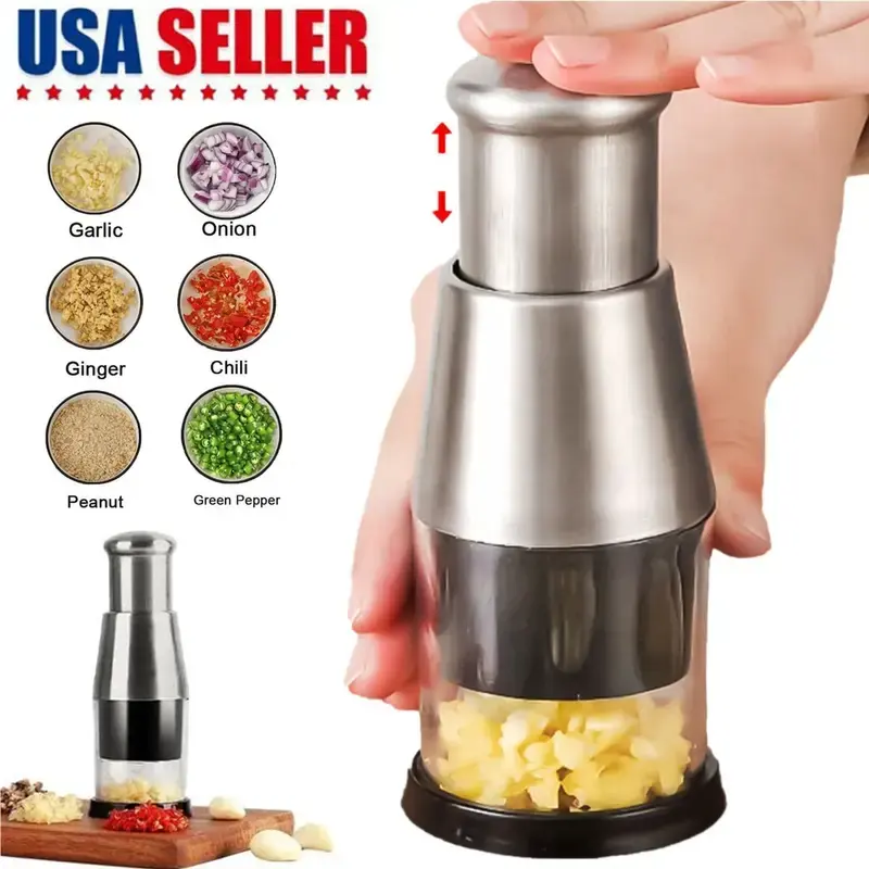 Stainless Steel Manual Pressed Chopper - 6.3 x 2.3 Inch Home Kitchen Utensil with Blade, Ergonomic Handle, Portable, Lightweight, Efficient, Easy Disassembly, Multi-Use Mincing for Garlic, Onion Food Prep Mini Dicer
