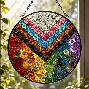 Floral Progress Pride Suncatcher, LGBTQ Rainbow Floral Decor, Inclusive Equality Stained Glass, Colorful Outdoor Pride Month Suncatcher