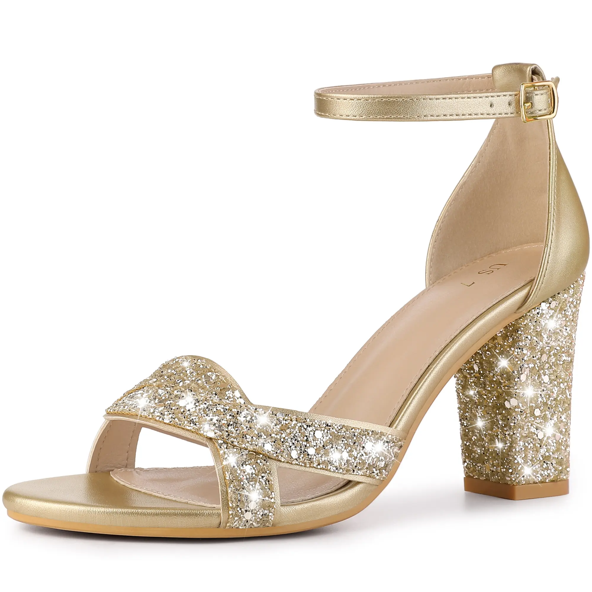 BLISSFUL STEP Women's Shoes Chunky Heels Ankle Strap Glitter Sandals