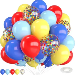 Red Blue Yellow Balloons,12 Inch Maca Blue Navy Red Yellow Balloons and Colorful Confetti Balloon with Ribbon,for Birthday Baby Shower Theme Party Decorations