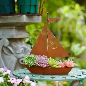 Vintage Nautical Sailboat Planter - Rustic Metal flower pot for Outdoor Garden, Patio, Tabletop - Indoor/Outdoor Decoration - Sturdy Iron Construction - Perfect for Succulents, Plants, Easter Decor - Coastal, Farmhouse, Maritime Decor - No Electricity Nee