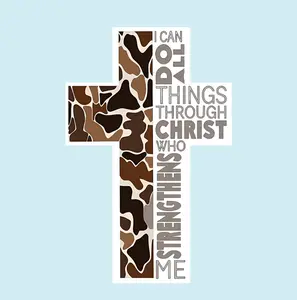 Camo Christian Cross Sticker "I Can Do All Things Through Christ" Faith Decal for Trucks & Outdoorsmen Tactical Stickers Military Gifts Motivation