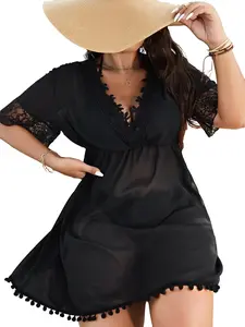 Swim Curve Plus Guipure Lace Panel Pom Trim Cover Up Without Bikini