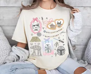 Youth and Adult Retro Coquette Bow Galaxy Shirt, Cute Kawaii Space Droid Inspired Tee, Cartoon Sci Fi Aesthetic Graphic Shirt, Pastel Cosmic Outfit, Vacation Trip Matching Tee, Comfort Colors Style