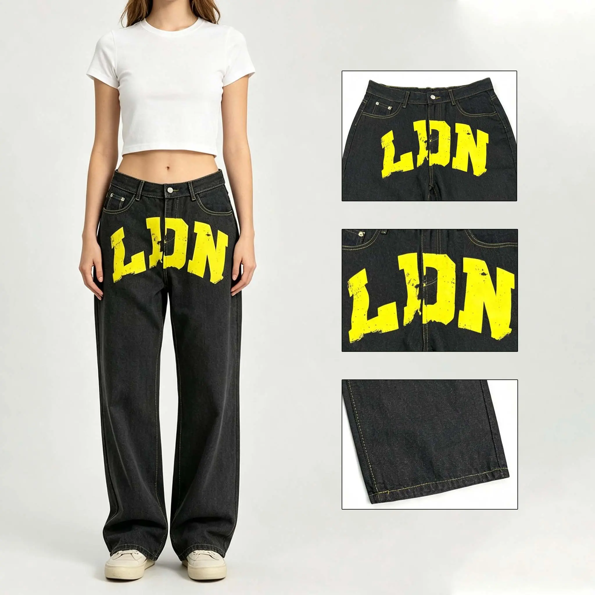 Women's Wide Leg Jeans Y2K Vintage Letter Print Wash Jeans Casual Streetwear Outfits for Everyday Use
